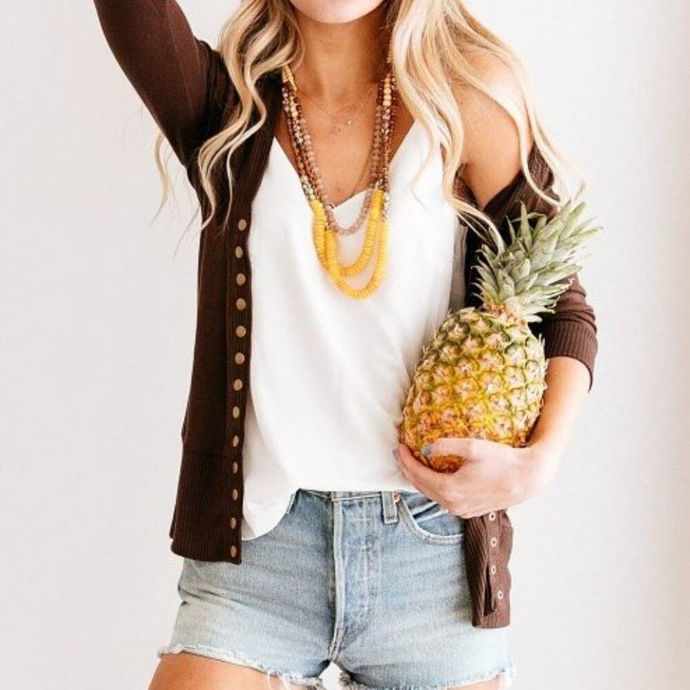 Brown Three Quarter Sleeve Snap Cardigan